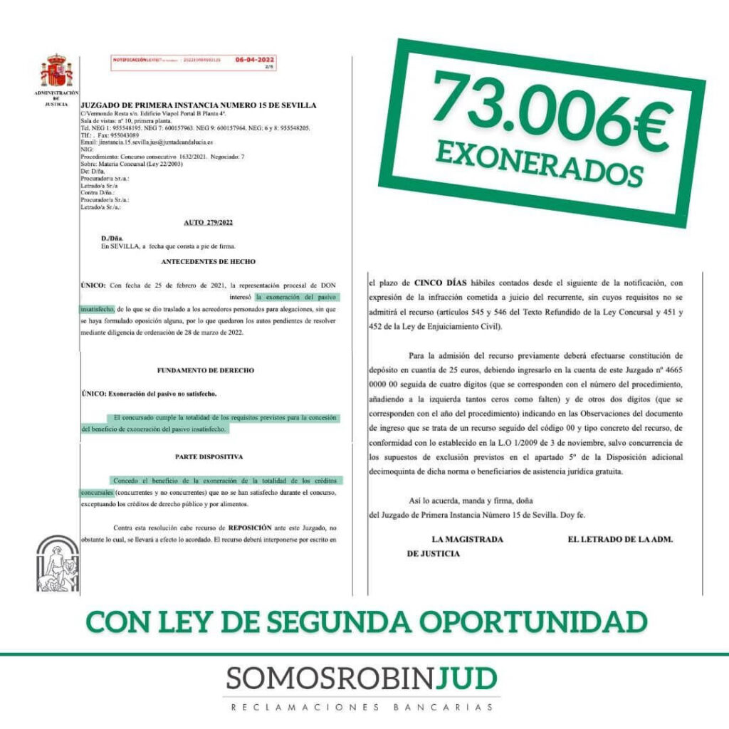 Exonerados 73.006€ con Ley de Segunda Oportunidad