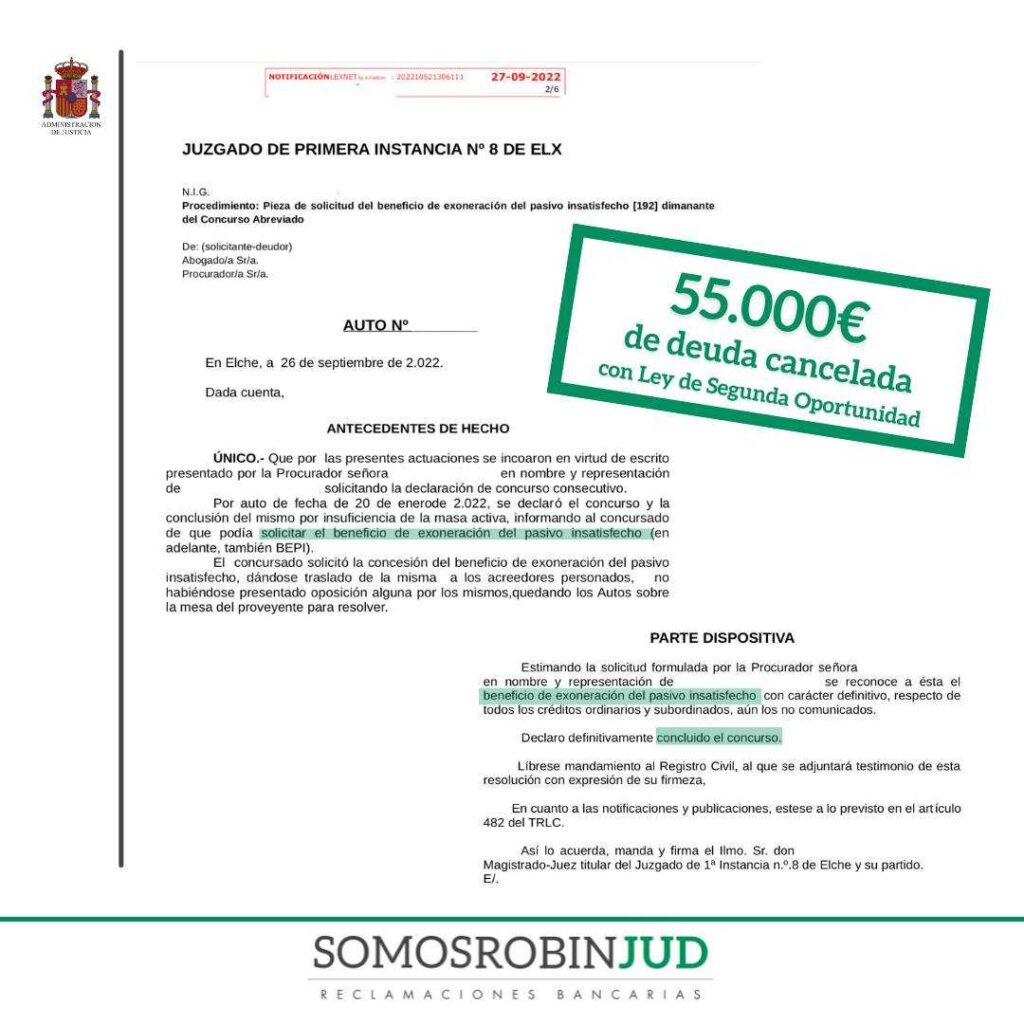 ¡Exonerados 55.000€ gracias a la LEY DE SEGUNDA OPORTUNIDAD!
